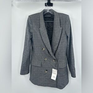 Zara Woman NWT Double Breasted Gray Checkered Blazer‎ Jacket Size XS